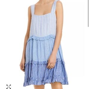 Rails Sandy Dress In Mixed Coast Stripe Linen Tiered Ruffles Blue White Small